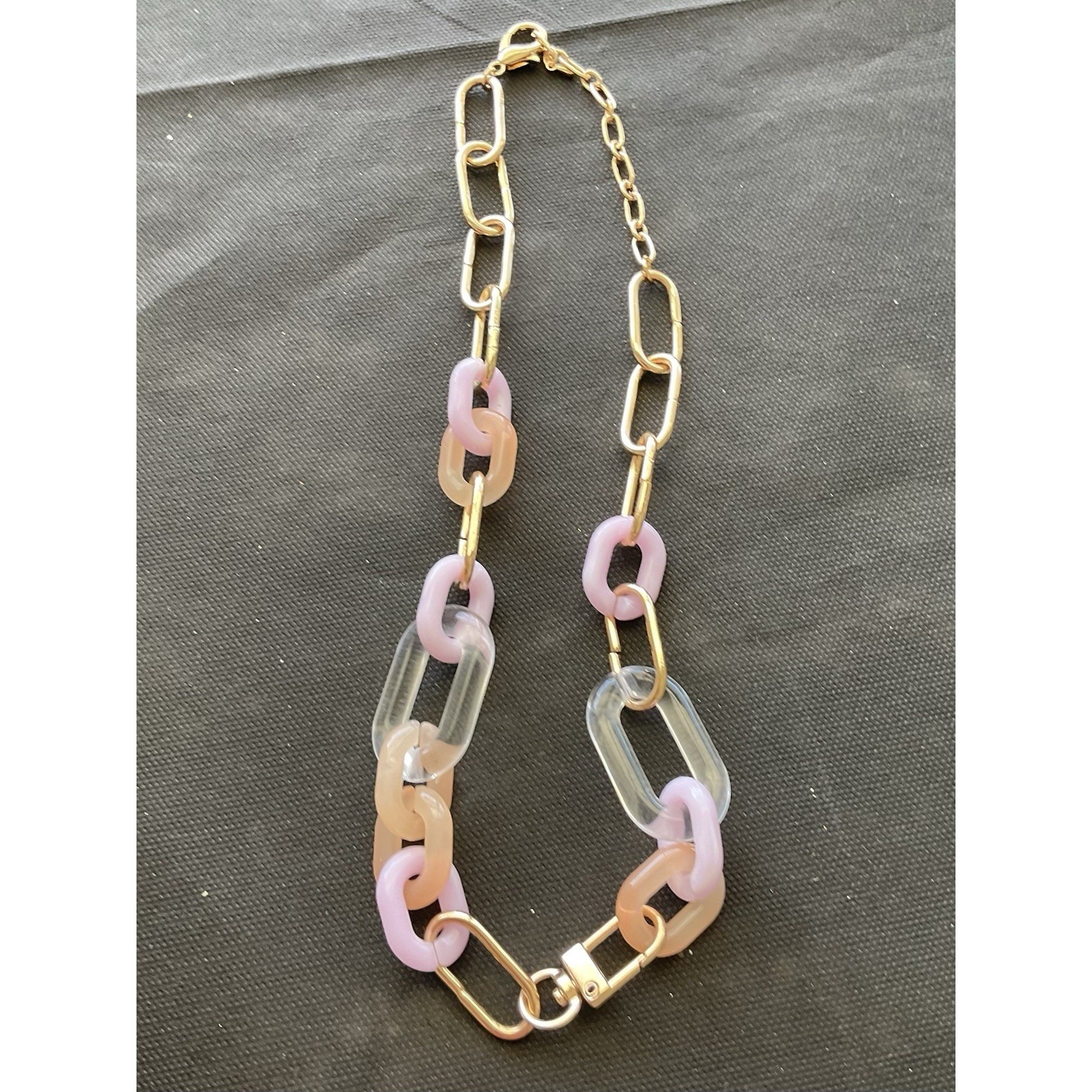 Vintage Gold Tone And Acrylic Chain Link Statement Necklace Clear Pink Pastel